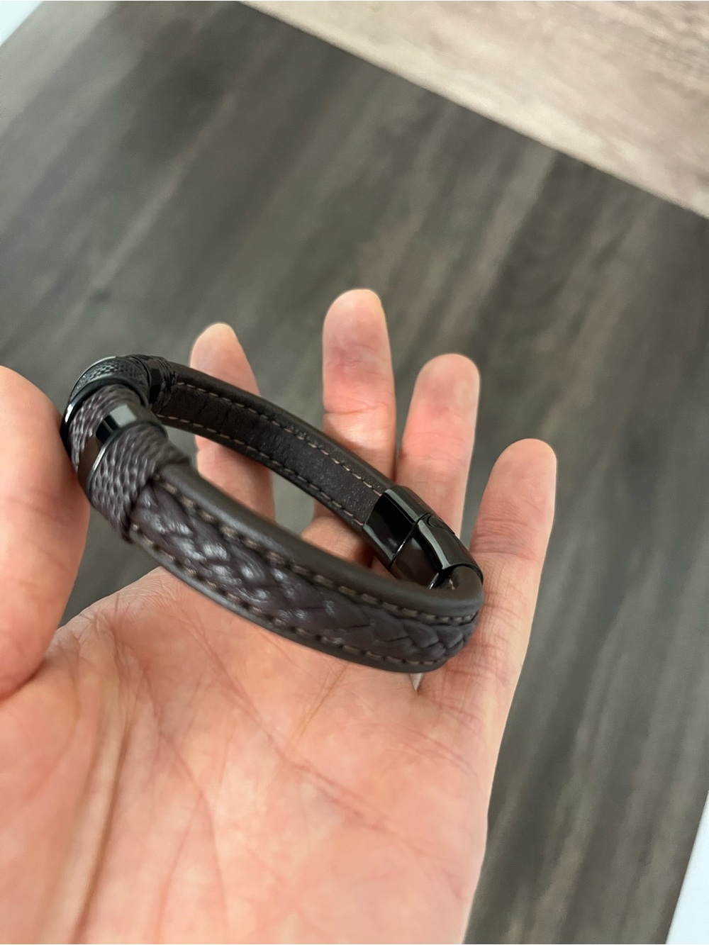 Braided Brown Leather Bracelet with Black Hardware